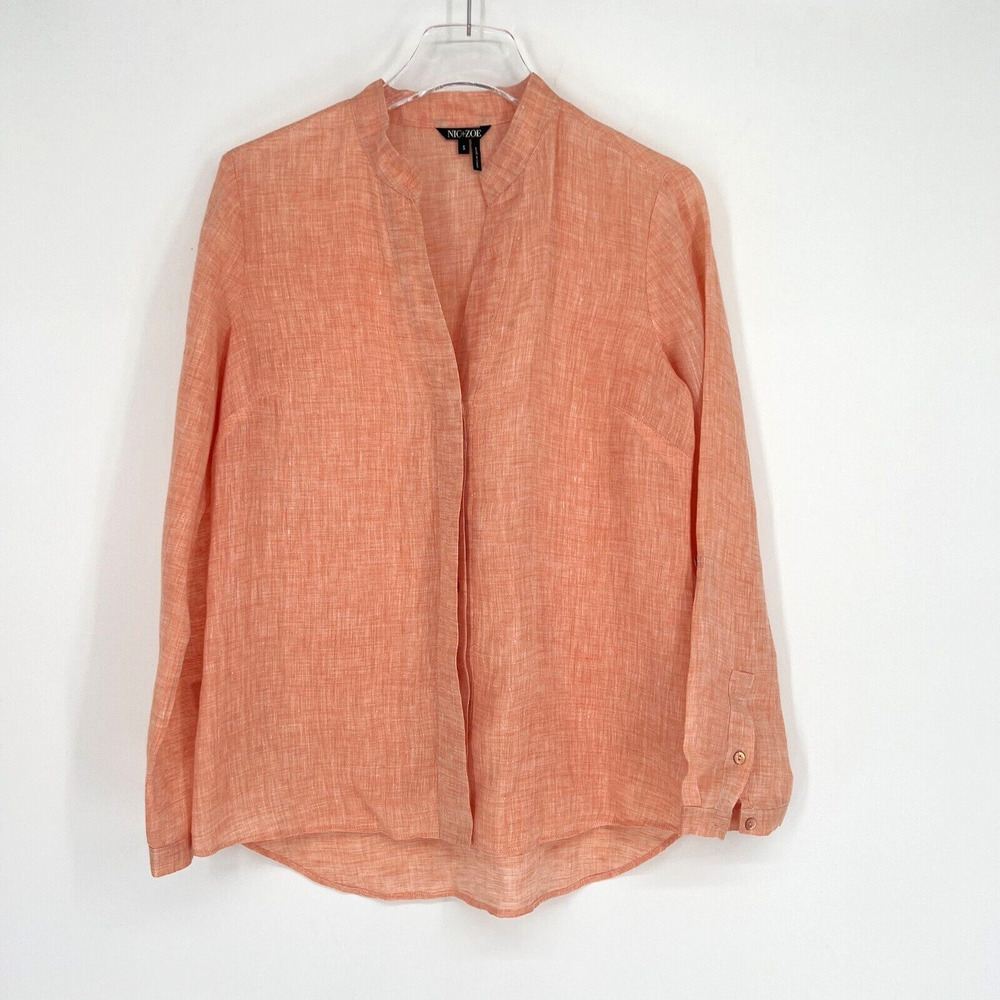 Nic Zoe Top Womens S Orange‎ Linen Long Sleeve Blouse Lightweight Basic Simple